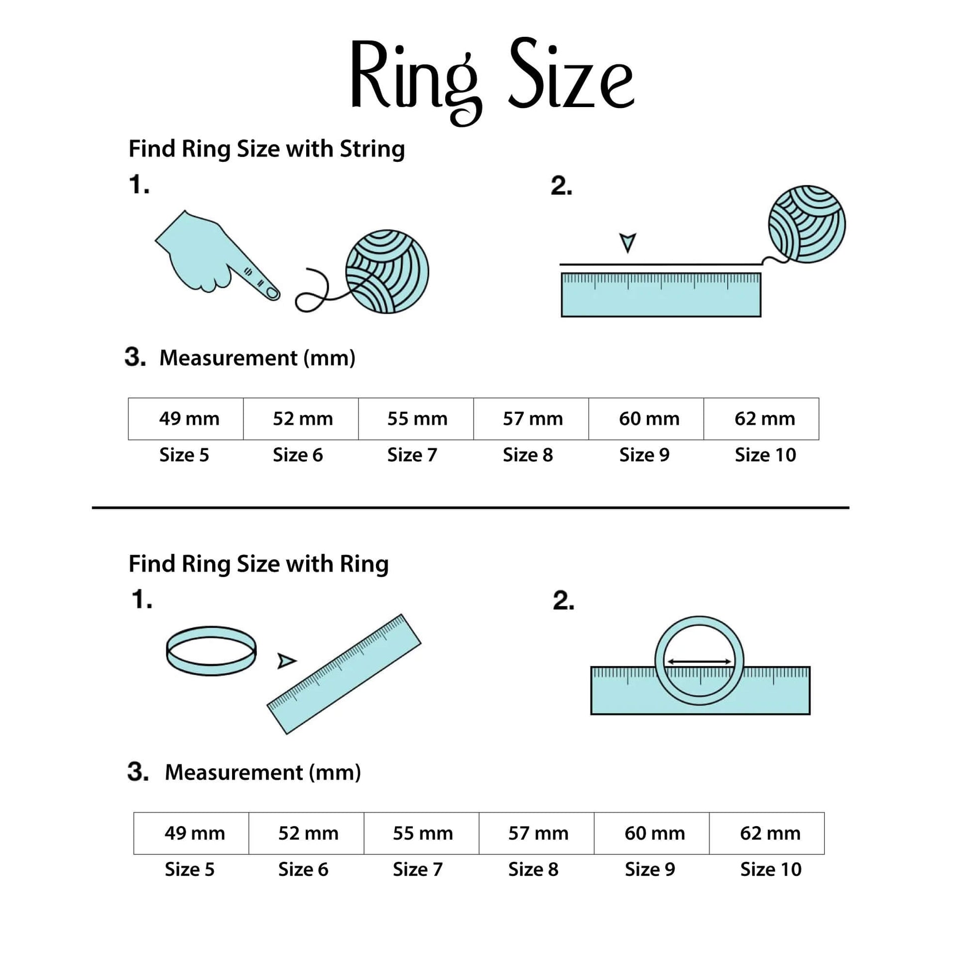 Diagram showing a ring size chart where you take a string and measure against a ruler to determine ring size. 