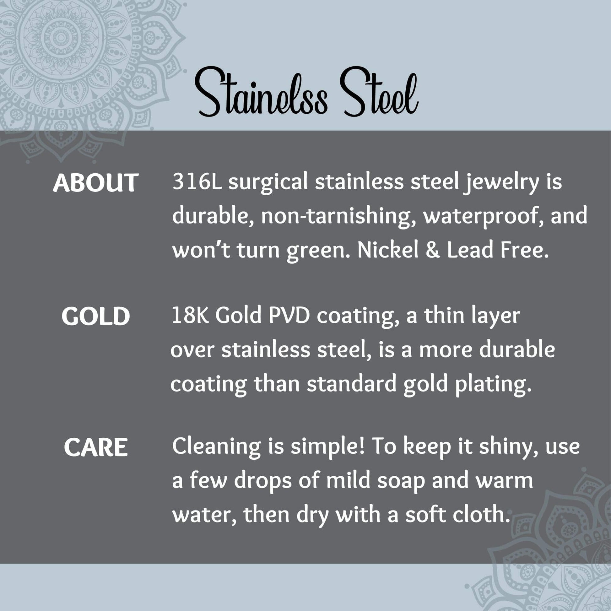 An informational graphic for stainless steel jewelry, featuring white text on a dark gray background with a light blue header and decorative mandala-style corner details. The text describes the product as durable, non-tarnishing, waterproof, nickel-free, and lead-free, with 18K gold PVD coating.