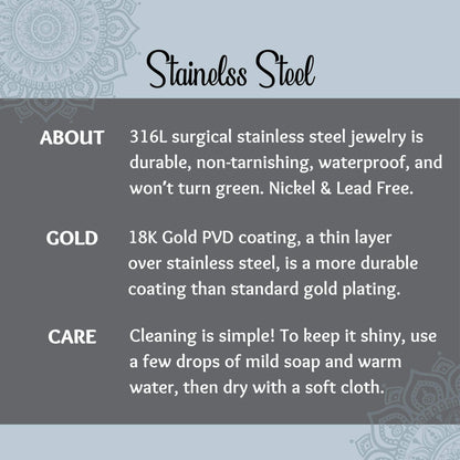 An informational graphic for stainless steel jewelry, featuring white text on a dark gray background with a light blue header and decorative mandala-style corner details. The text describes the product as durable, non-tarnishing, waterproof, nickel-free, and lead-free, with 18K gold PVD coating.