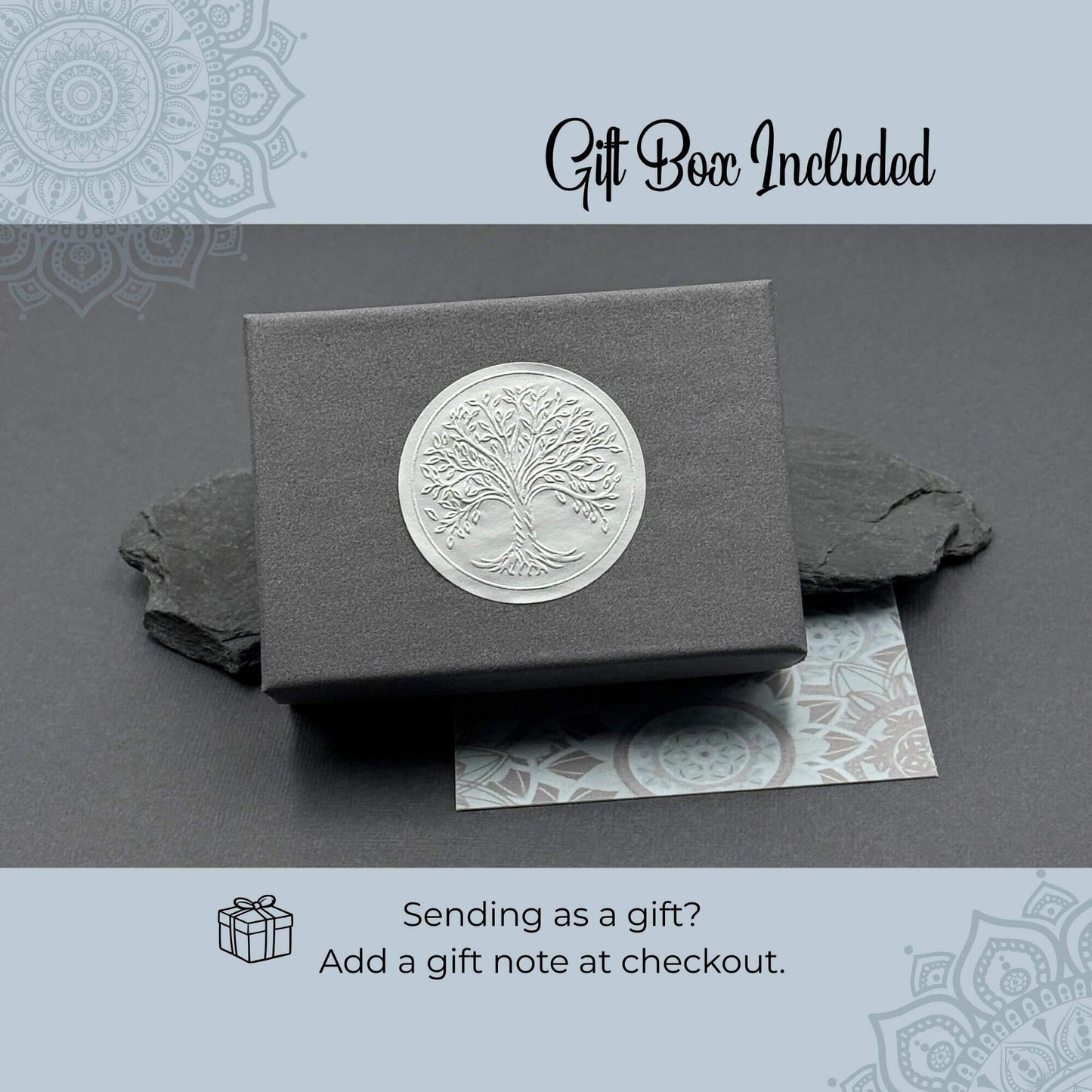 A small jewelry gift box is shown with an optional gift note for gift giving.  A gift box is included with every order.  