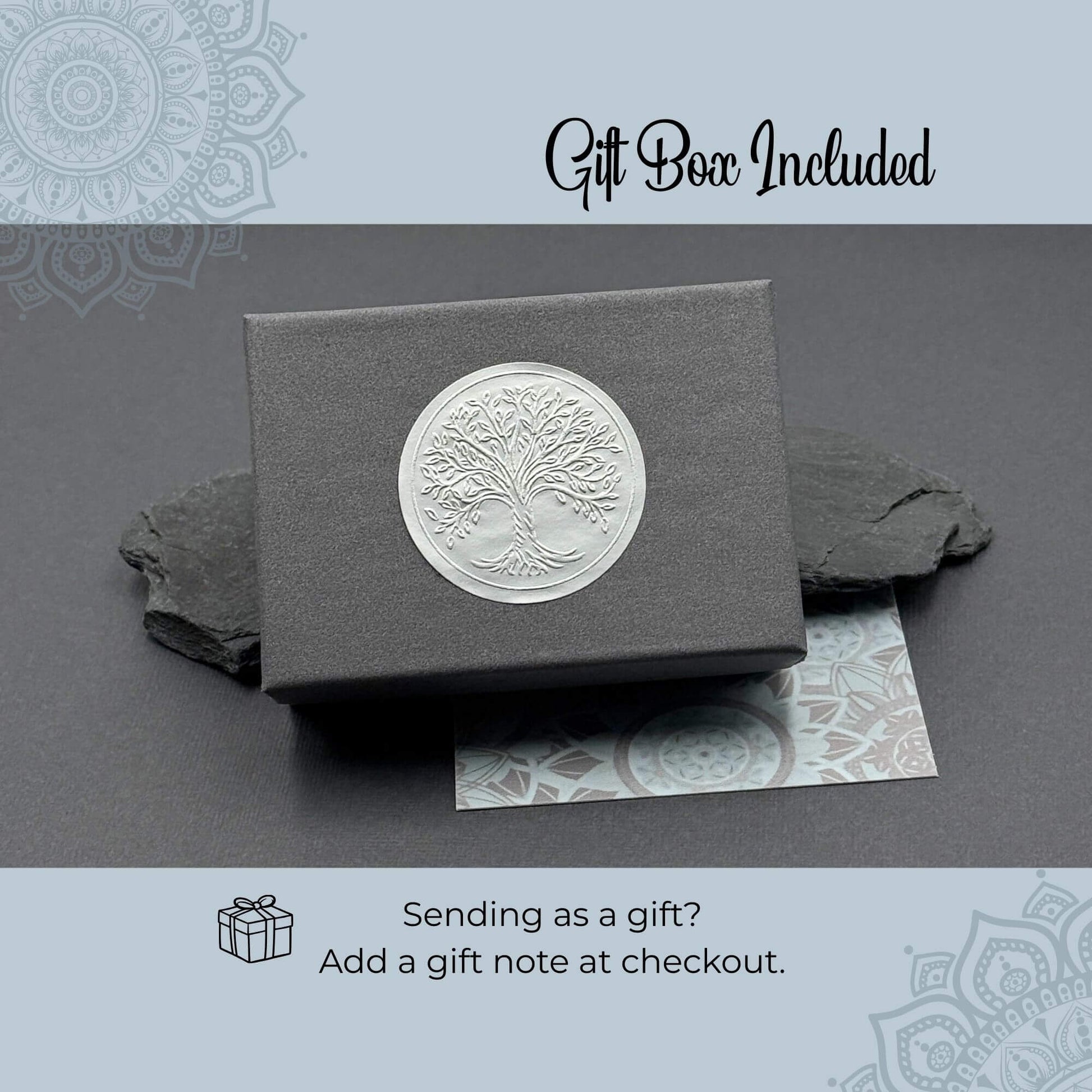 A small jewelry gift box is shown with an optional gift note for gift giving.  A gift box is included with every order.  
