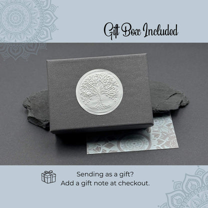 A small jewelry gift box is shown with an optional gift note for gift giving.  A gift box is included with every order.  