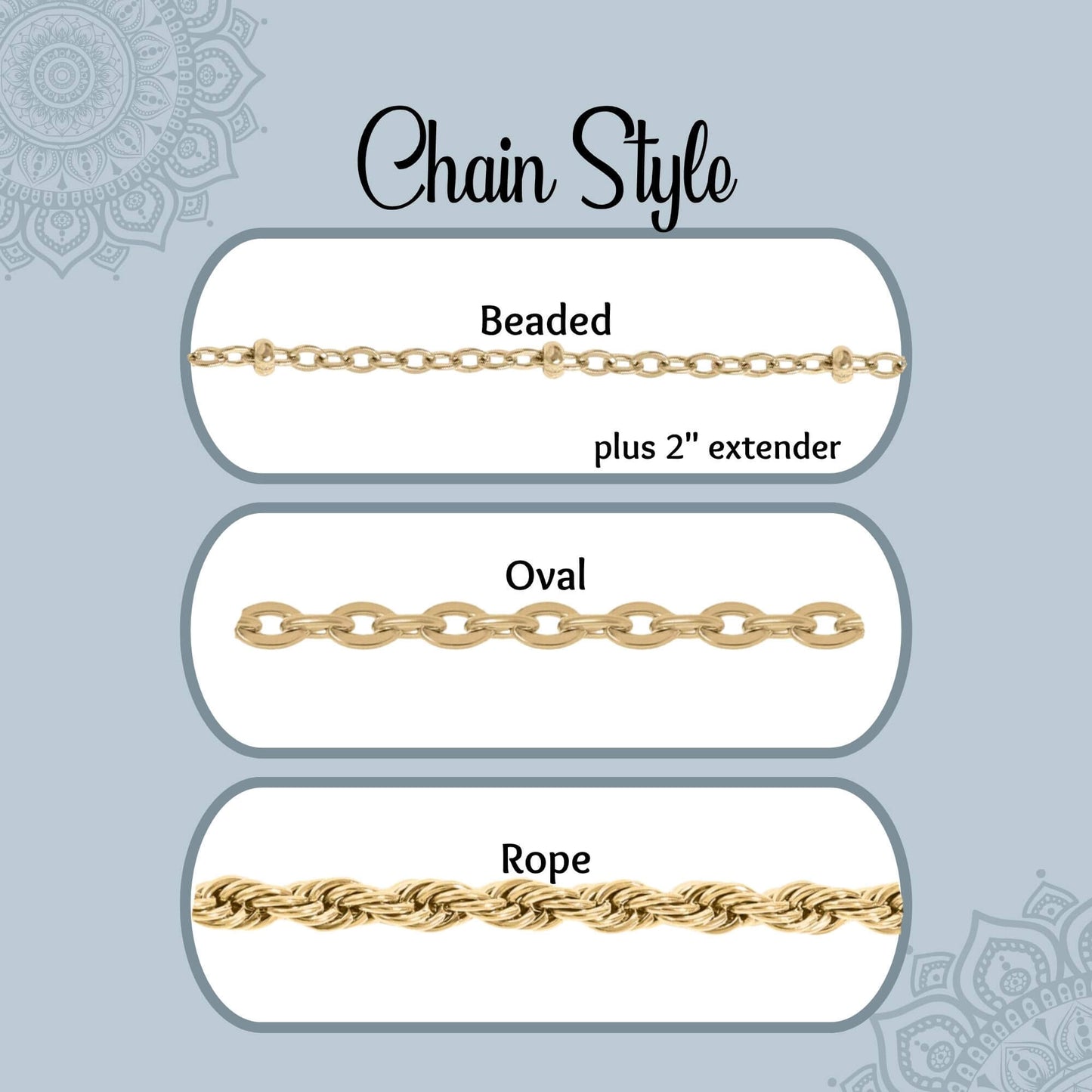 Chart showing the three styles of gold-plated stainless steel chain options to choose from to go with the stainless steel pendant.  The chain styles are beaded satellite, flat oval, and rope.  Choose your chain style.