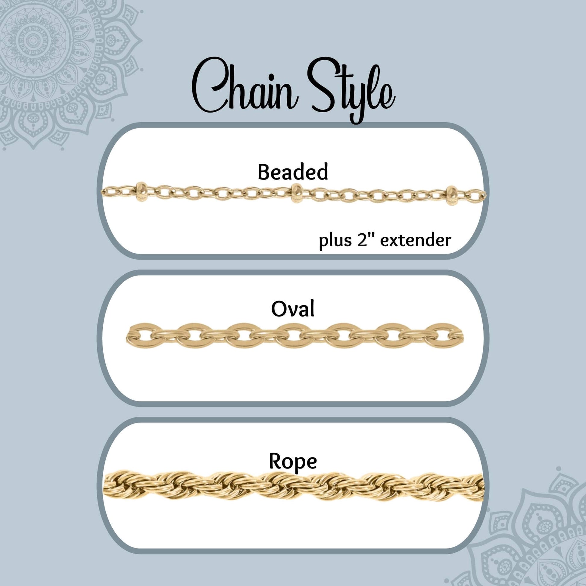 Chart showing the three styles of gold-plated stainless steel chain options to choose from to go with the stainless steel pendant.  The chain styles are beaded satellite, flat oval, and rope.  Choose your chain style.