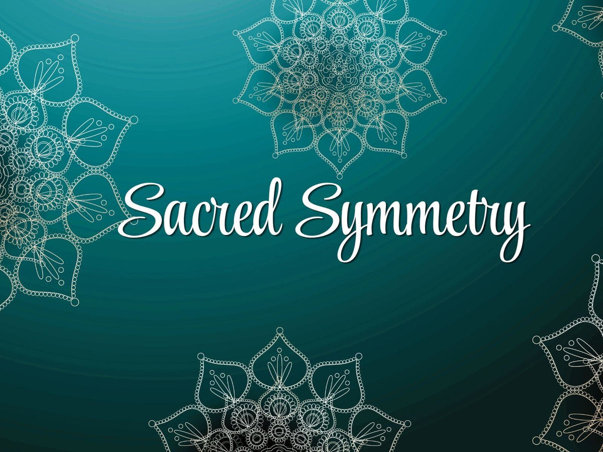 A square graphic with the words 'Sacred Symmetry' in white script over a teal background decorated with white mandala-style line art.